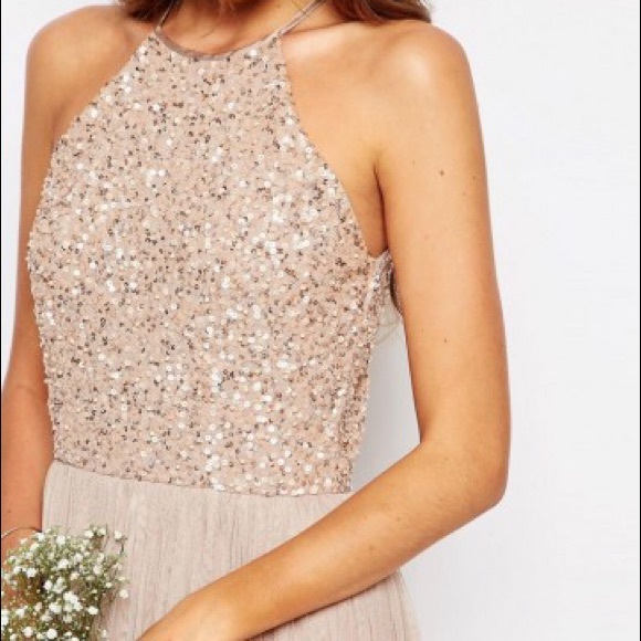 maya deluxe high neck delicate sequin midi dress